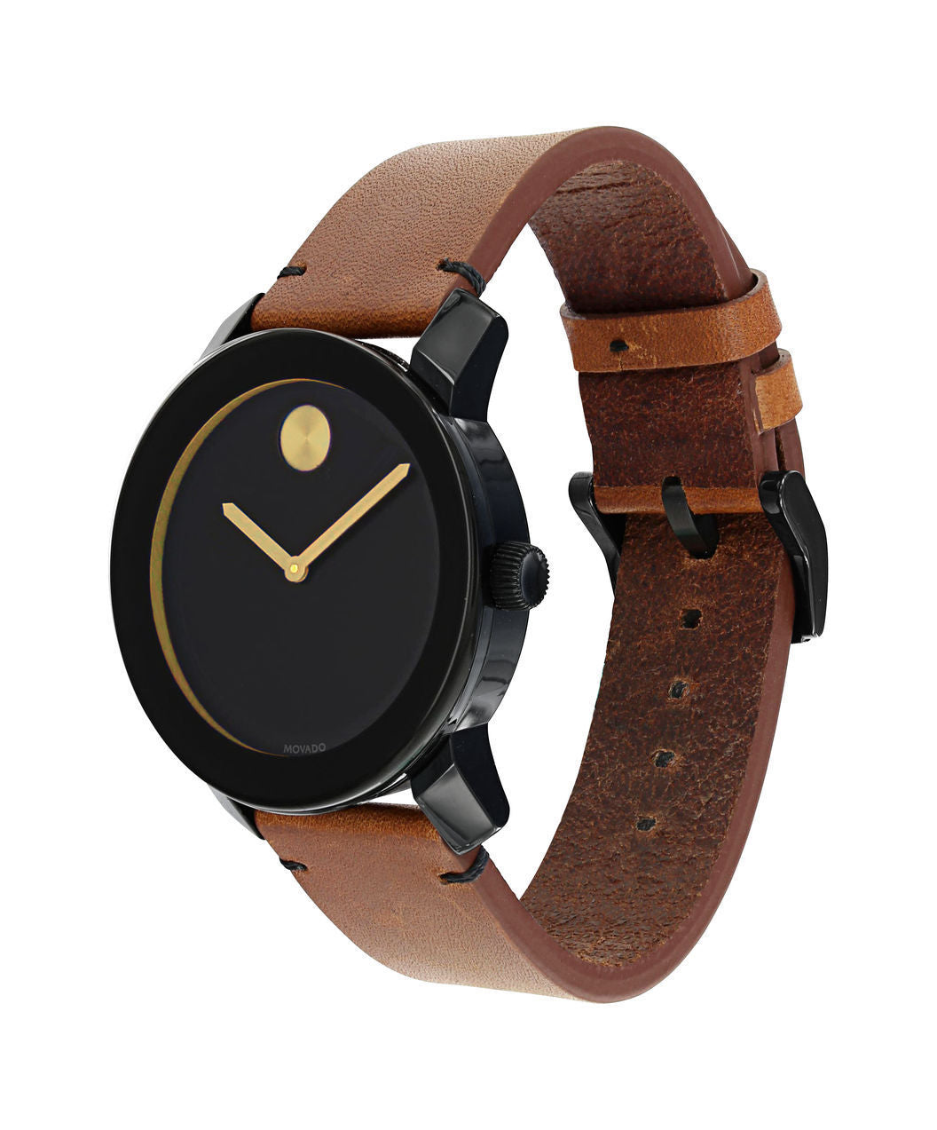 Movado Bold Black Museum Dial Rustic Brown Leather Strap Mens Watch 3600305