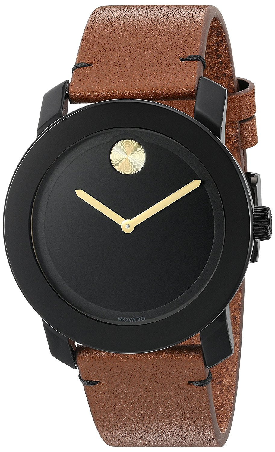 Movado Bold Black Museum Dial Rustic Brown Leather Strap Mens Watch 3600305
