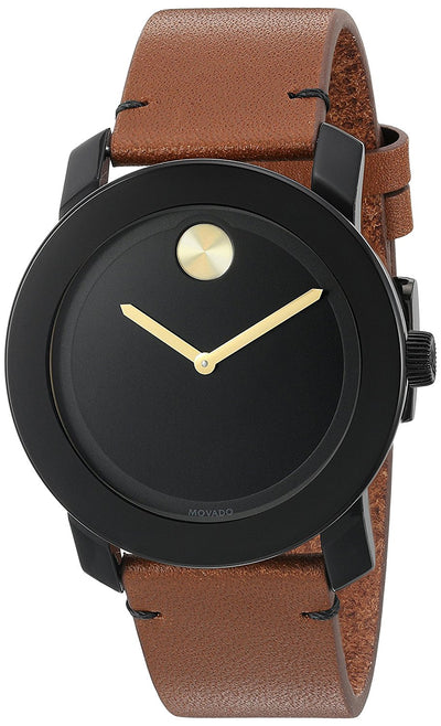 Movado Bold Black Museum Dial Rustic Brown Leather Strap Mens Watch 3600305