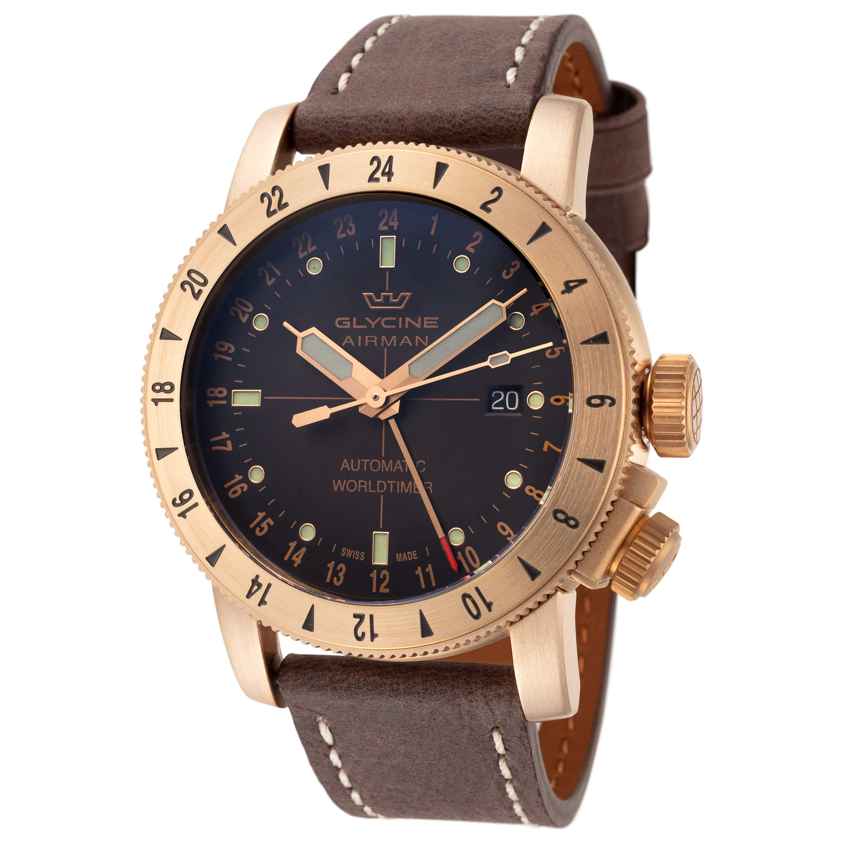 שעון Glycine דגם Airman 44 Bronze Gmt לגברים 44 מ״מ GMT אוטומטי