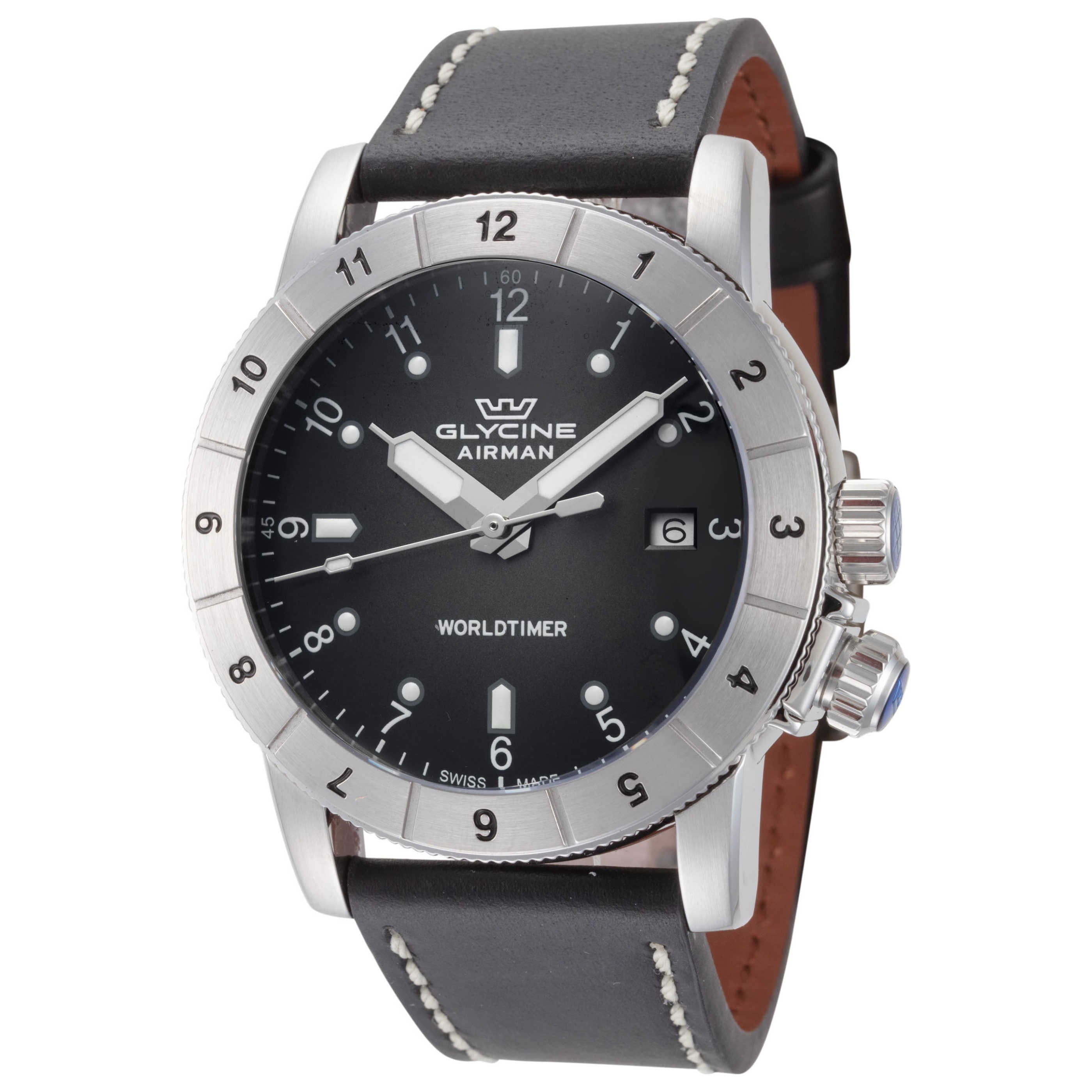 שעון לגבר Airman Worldtimer של Glycine, קוורץ, 42 מ״מ