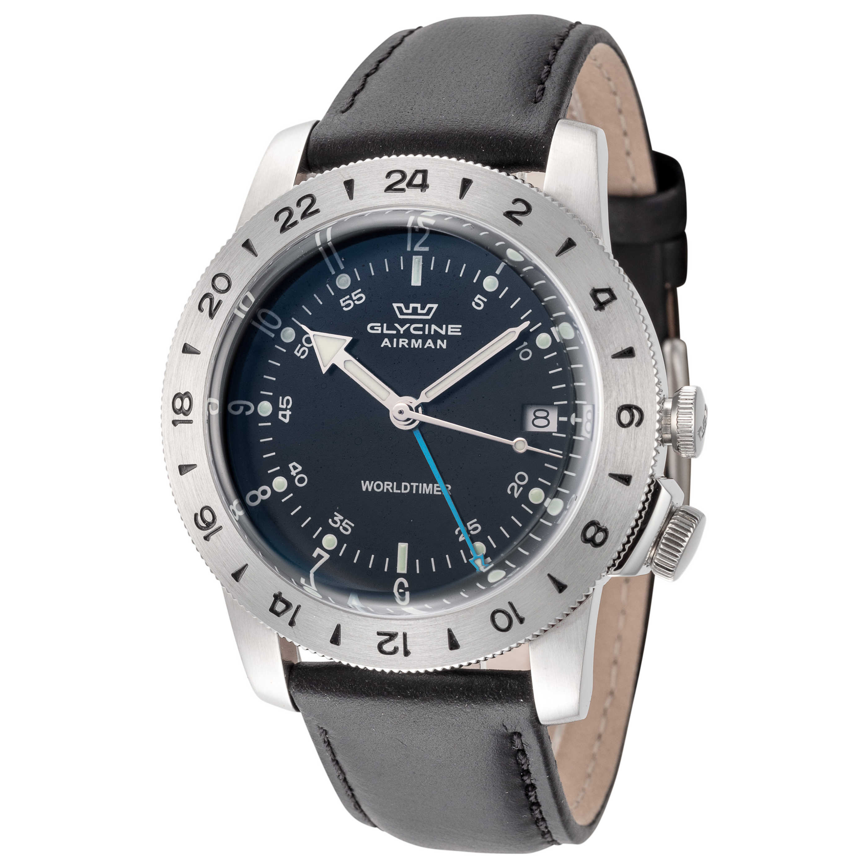 שעון לגבר Airman Worldtimer GMT של Glycine, קוורץ, 40 מ״מ